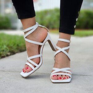 Womens Triple Straps Chunky Heels Sandals White Color